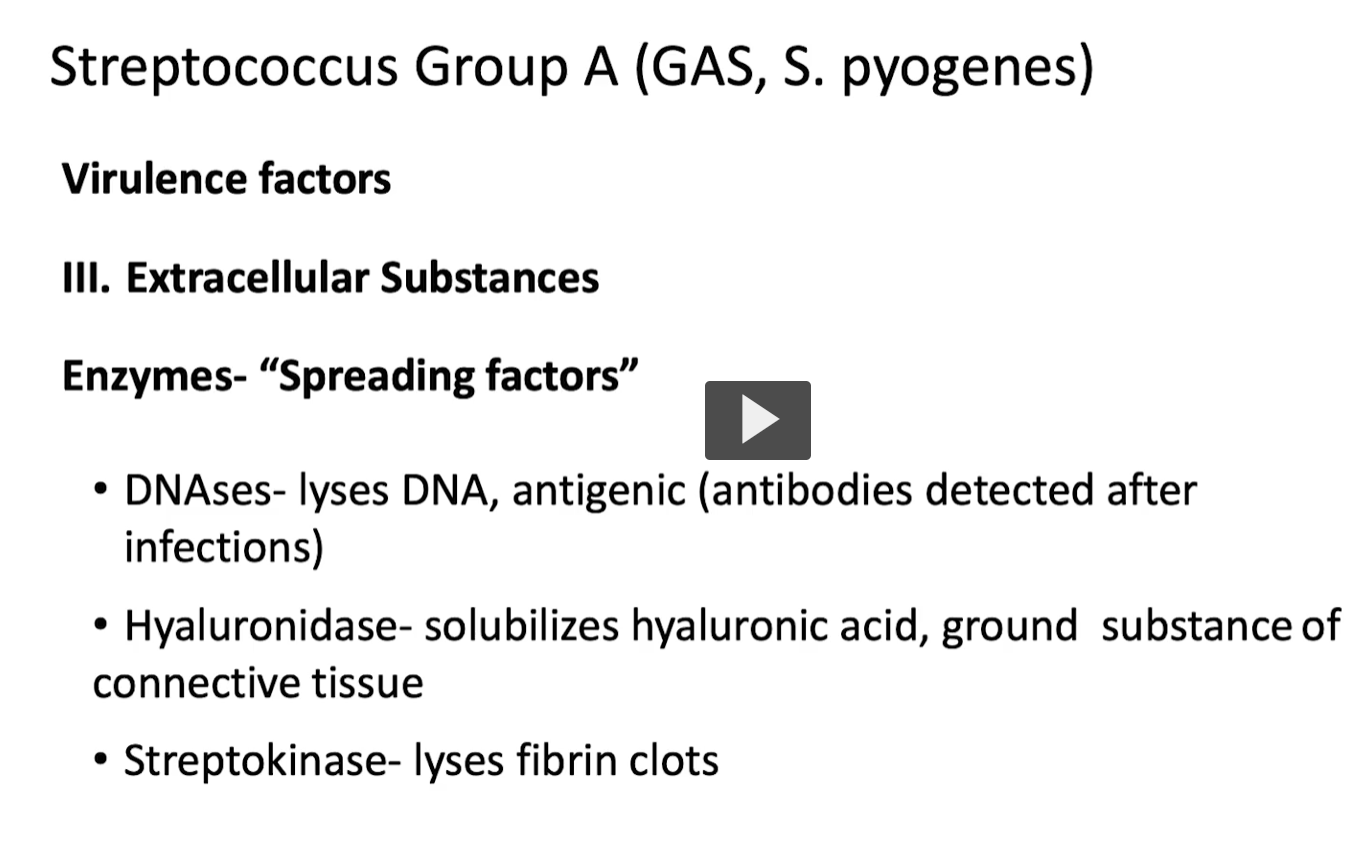 <p><strong>Big Picture</strong> </p><p>These enzymes are called <strong>“spreading factors”</strong> because they help bacteria:</p><p> </p><p><span data-name="point_right" data-type="emoji">👉</span> <strong>Break through tissue barriers</strong><br><span data-name="point_right" data-type="emoji">👉</span> <strong>Escape immune traps</strong><br><span data-name="point_right" data-type="emoji">👉</span> <strong>Spread rapidly through the body</strong></p><p> </p><div data-type="horizontalRule"><hr></div><p> <span data-name="test_tube" data-type="emoji">🧪</span> <strong>1. DNases (Deoxyribonucleases)</strong> <span data-name="pushpin" data-type="emoji">📌</span> What they do </p><ul><li><p><strong>Break down DNA</strong></p></li></ul><p> <span data-name="brain" data-type="emoji">🧠</span> Why that matters </p><ul><li><p>Infection sites contain lots of <strong>dead cells + neutrophils</strong></p></li><li><p>These release <strong>DNA → thick pus</strong></p></li></ul><p> </p><p><span data-name="point_right" data-type="emoji">👉</span> DNase:</p><p> </p><ul><li><p><strong>Liquefies pus</strong></p></li><li><p>Helps bacteria <strong>move through infected tissue</strong></p></li></ul><p> </p><div data-type="horizontalRule"><hr></div><p> <span data-name="test_tube" data-type="emoji">🧪</span> Clinical clue </p><ul><li><p>Body makes <strong>anti-DNase antibodies</strong><br><span data-name="point_right" data-type="emoji">👉</span> Used to detect <strong>recent strep infection</strong> (like ASO)</p></li></ul><p> </p><div data-type="horizontalRule"><hr></div><p> <span data-name="dna" data-type="emoji">🧬</span> <strong>2. Hyaluronidase</strong> <span data-name="pushpin" data-type="emoji">📌</span> What it does </p><ul><li><p>Breaks down <strong>hyaluronic acid</strong></p></li></ul><p> <span data-name="brain" data-type="emoji">🧠</span> Why that matters </p><ul><li><p>Hyaluronic acid = <strong>“glue” of connective tissue</strong></p></li></ul><p> </p><p><span data-name="point_right" data-type="emoji">👉</span> When broken:</p><p> </p><ul><li><p>Tissue becomes <strong>loose</strong></p></li><li><p>Bacteria can <strong>spread between cells</strong></p></li></ul><p> </p><div data-type="horizontalRule"><hr></div><p> <span data-name="bulb" data-type="emoji">💡</span> Nickname </p><p><span data-name="point_right" data-type="emoji">👉</span> <strong>“Spreading factor” (classic exam term)</strong></p><p> </p><div data-type="horizontalRule"><hr></div><p> <span data-name="drop_of_blood" data-type="emoji">🩸</span> <strong>3. Streptokinase</strong> <span data-name="pushpin" data-type="emoji">📌</span> What it does </p><ul><li><p>Breaks down <strong>fibrin clots</strong></p></li></ul><p> <span data-name="brain" data-type="emoji">🧠</span> Why that matters </p><ul><li><p>Body tries to <strong>trap bacteria in clots</strong></p></li></ul><p> </p><p><span data-name="point_right" data-type="emoji">👉</span> Streptokinase:</p><p> </p><ul><li><p><strong>Dissolves the clot</strong></p></li><li><p>Frees bacteria → <strong>spreads infection</strong></p></li></ul><p></p>