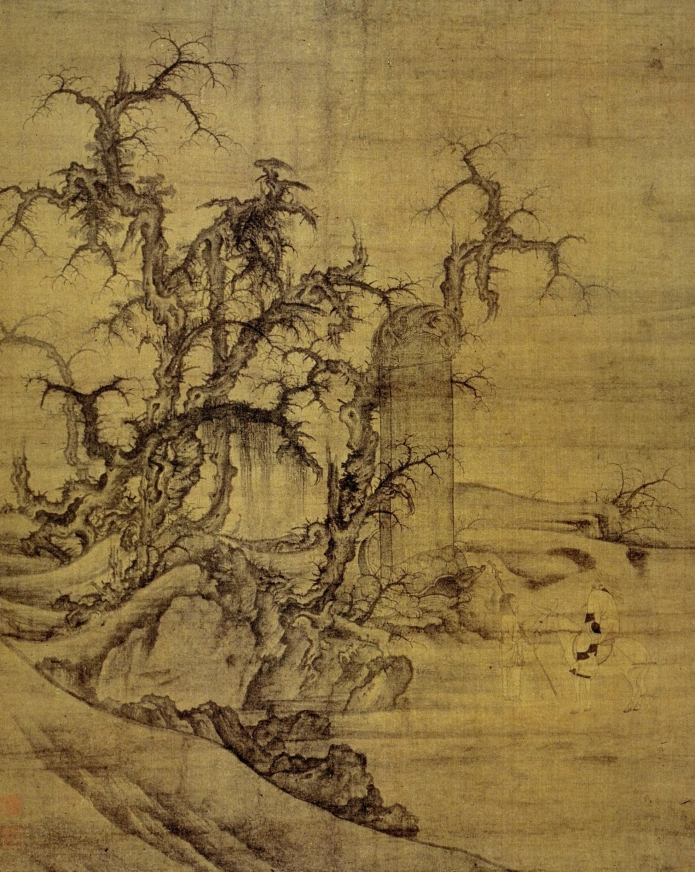 <p>Side of the stele has is inscribed with the text, “Wang Xiao figures, Li Cheng trees and rocks.” Thus we know that Li Cheng was responsible for the trees and the landscape, while Wang Xiao painted the figure on the mule. This scene illustrated the historical tale of Cao Cao and his advisor Yang Xiu of the Wei dynasty encountering a memorial stele for Cao E of the Han dynasty. While Yang immediately understood the stele, Cao Cao had to reread it again. Idea of the man reading about the life of a person passed in a wintry landscape. Note the trees painted in Li Cheng style.</p><p></p>