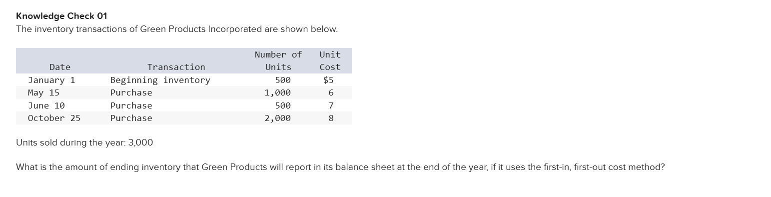 <p class="question"></p><p>What is the amount of ending inventory that Green Products will report in its balance sheet at the end of the year, if it uses the first-in, first-out cost method?</p>
