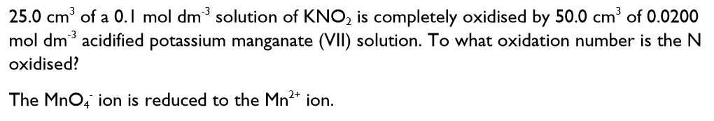<p>Using redox titrations to work out the oxidation state of an element - Example 4:</p>