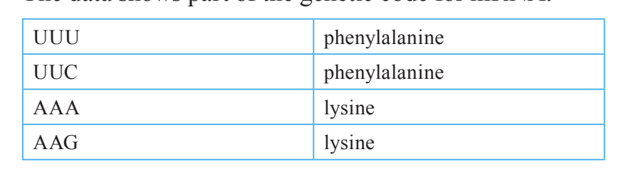 <p><strong>The data shows part of the genetic code for mRNA.</strong></p><p class="p1"><strong>Which anticodon could be found on a tRNA molecule bonded to lysine?</strong></p><p class="p1">A. AAG</p><p class="p1">B. UUC</p><p class="p1">C. TTT</p><p class="p1">D. GAA</p>