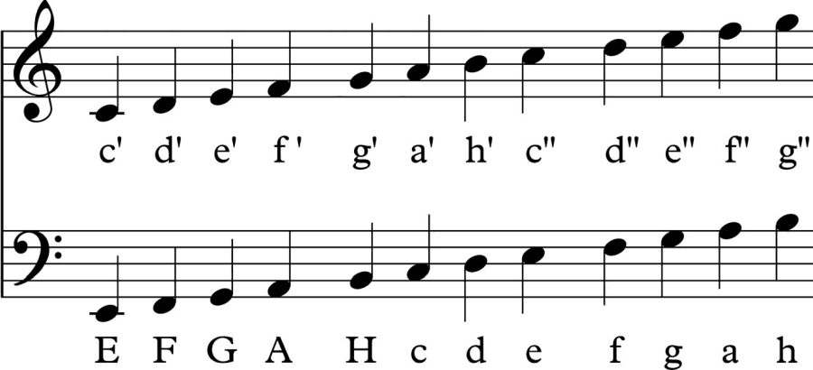 <p>Das Bild zeigt zwei Notensysteme:</p><p><strong>Oben:</strong> Violinschlüssel → hohe Töne<br><strong>Unten:</strong> Bassschlüssel → tiefe Töne</p><p>Jedes System hat <strong>5 Linien</strong>.<br>Man zählt immer <strong>von unten nach oben</strong>.</p><p>Je höher eine Note steht, desto höher klingt sie.</p><p>Im Violinschlüssel ist die <strong>2. Linie von unten = g</strong>.<br>Im Bassschlüssel ist die <strong>4. Linie von unten = f</strong>.</p><p>Die Notennamen laufen immer im Kreis:<br>A – H – C – D – E – F – G – A …</p><p>Jetzt wichtig mit Groß- und Kleinbuchstaben:</p><ul><li><p><strong>Große Buchstaben (E, F, G …)</strong> = tiefere Töne</p></li><li><p><strong>Kleine Buchstaben (e, f, g …)</strong> = höhere Töne</p></li><li><p><strong>Mit Strich (c′, c″)</strong> = noch höhere Oktaven</p></li></ul><p>Also helfen die Großbuchstaben zu sehen:<br><span data-name="point_right" data-type="emoji">👉</span> Das ist eine tiefere Oktave.</p><p>Die Kleinbuchstaben zeigen:<br><span data-name="point_right" data-type="emoji">👉</span> Das ist höher.</p><p>Kleine extra Linien bei einzelnen Noten heißen <strong>Hilfslinien</strong> (für sehr hohe oder tiefe Töne).</p><p>Die Richtung vom Notenhals ändert den Ton nicht.</p>