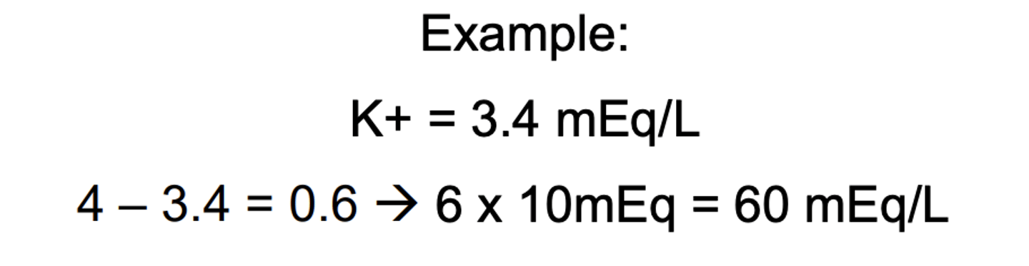 <p>For every 0.1 mEq/L below 4mEq/L, Give 10 mEq/L</p>