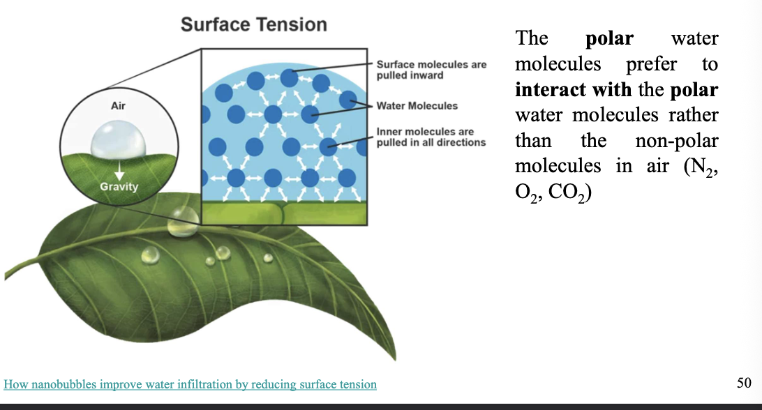 <p>The force that causes the molecules on the surface of a liquid to be pushed together and form a layer </p><p>example: The POLAR water molecules prefer to interact with the POLAR WATER molecules than the NON-POLAR molecules in the air *N2, O2, CO2)</p>
