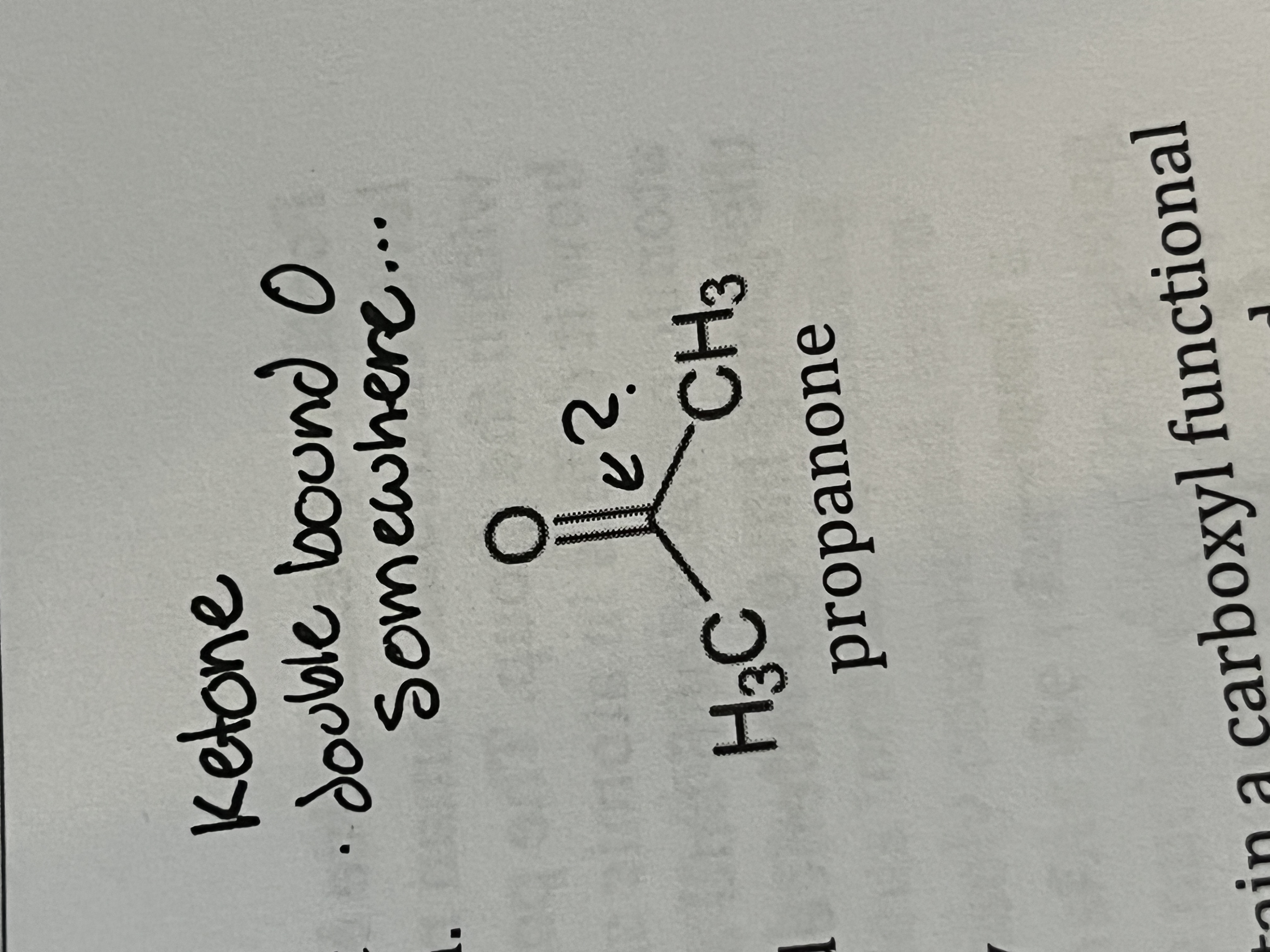 <p>A substituted hydrocarbon with an oxygen double bonded to a carbon somewhere in a hydrocarbon chain </p><ul><li><p>“-one” </p></li></ul><p></p><p></p>