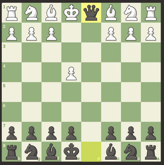 <p>Queen takes. The King is out in middle.</p>