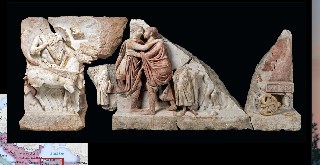 <p>Imperial adventus (arrival) scene showing the reunion of Diocletian and Maximian,</p>