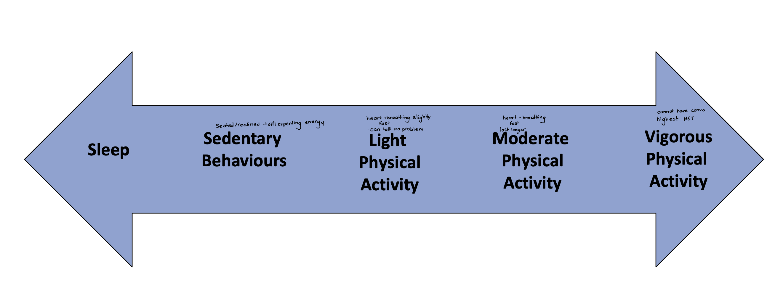 <ul><li><p>sleep</p></li><li><p>sedentary behhaviours</p></li><li><p>light physical activity</p></li><li><p>moderate physical activity</p></li><li><p>vigorous physical activity</p></li></ul><p></p>
