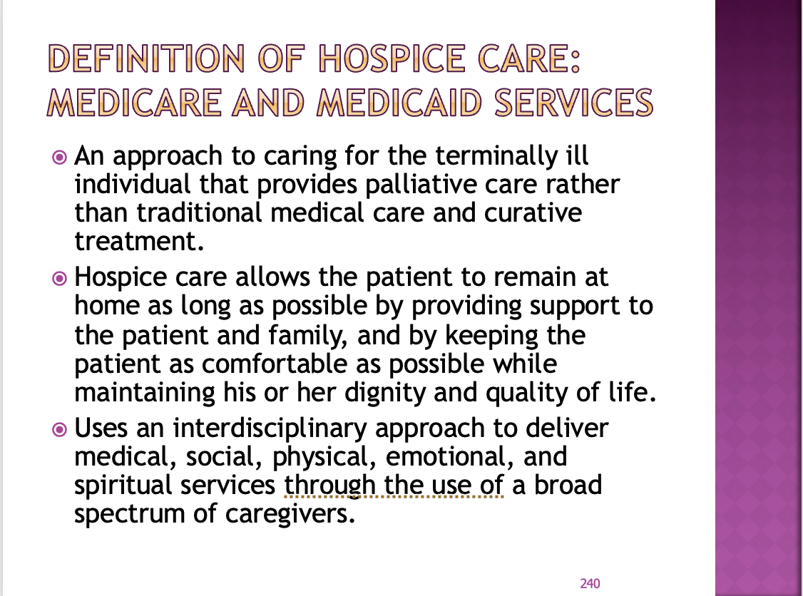 <p><span>In order to be in a hospice unit you need to be actively dying (not even with a short life expectancy they have to literally by dying)</span></p><p style="text-align: left;"></p><p style="text-align: left;"><span>Palliative care is NOT limited to terminal illness</span></p>