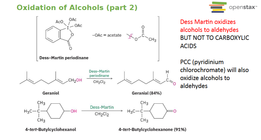 <p>Changes Primary alcohol into Aldehyde</p><p>Stops there.</p><p>Turns Secondary alcohol into Ketone</p>