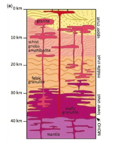 <p>Becomes more felsic as you move closer to the surface (must fractionate)</p><ul><li><p>Upper = higher abundance of trace elements (more evolved)</p></li><li><p>lower = overlaps with OIBs (why?)</p></li></ul><p></p>