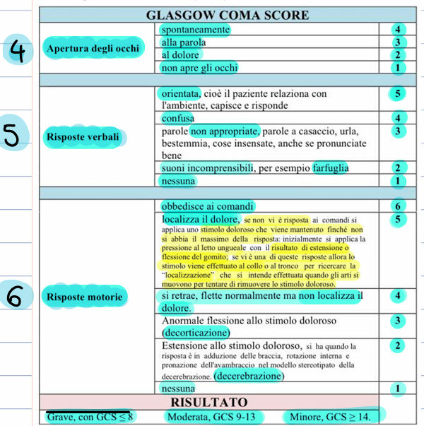<p>GRAVE <8, 9-13, >14</p><p>Ha un punteggio che va da un minimo di 3 a un massimo di 15.</p><p>VALUTA IL LIVELLO DI COSCIENZA</p><p></p>