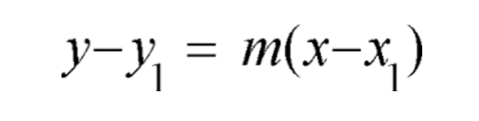 <p>y-y¹=m(x-x¹) </p><ul><li><p class="has-focus">where m = slope and a known point = (x¹, y¹)</p></li></ul><p></p>