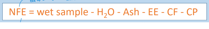 <ol start="4"><li><p><strong>Nitrogen Free Extract (NFE) → Soluble Carbohydrates</strong></p></li></ol><ul><li><p><strong>This component of proximate analysis is </strong><span style="color: red;"><strong>NEVER </strong></span><strong>measured </strong></p></li><li><p>It is determined by <mark data-color="red" style="background-color: red; color: inherit;">______</mark></p></li></ul><p></p>