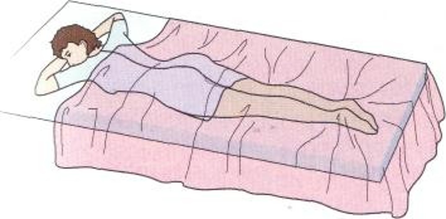 <p>lying flat on the abdomen with arms above head</p><p>exams involving back of body as well as bottoms of the feet</p>