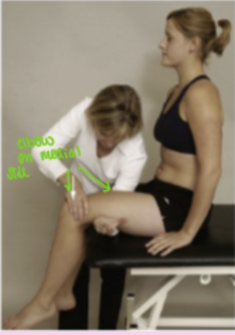<p></p><ul><li><p><strong>How:</strong> Patient sits with the <strong>knees flexed over the edge of the table</strong>. Place your forearm under the thigh as a <strong>fulcrum</strong> and apply <strong>gentle downward pressure</strong> on the knee while moving the fulcrum along the femur.</p></li><li><p><strong>Positive:</strong> <strong>Sharp localized pain and apprehension</strong> when the fulcrum is positioned under the <strong>fracture site</strong>, indicating a <strong>femoral stress fracture</strong>.</p></li></ul><p></p>