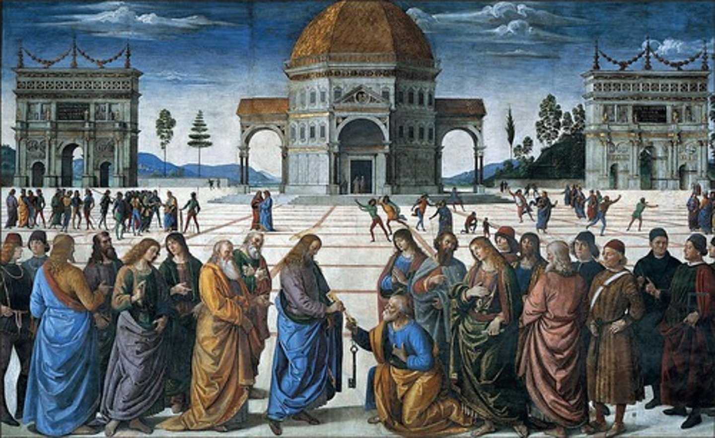 <p>early renaissance; renaissance = "rebirth"</p><p>- rebirth in politics, art, culture, politics, society, etc.</p><p>- panel paintings and large-scale works like murals &amp; fresco paintings</p><p>- oil painting introduced</p><p>- realism</p><p>- focus on male &amp; female nudes</p><p>- trompe l'oeil, foreshortening</p><p>- chiarascuro</p>
