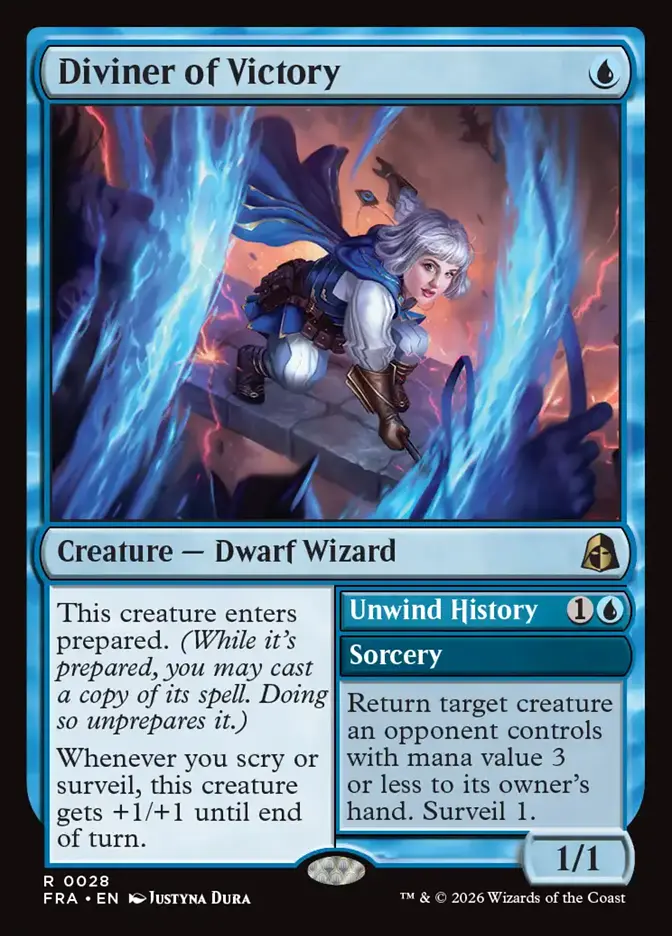 <p>This creature enters prepared. <em>(While it’s prepared, you may cast a copy of its spell. Doing so unprepares it.)</em></p><p>Whenever you scry or surveil, this creature gets +1/+1 until end of turn.</p><p><span style="background-color: transparent;">Unwind History {1}{U}</span></p><p class="card-text-type-line">Sorcery</p><p>Return target creature an opponent controls with mana value 3 or less to its owner’s hand. Surveil 1.</p>