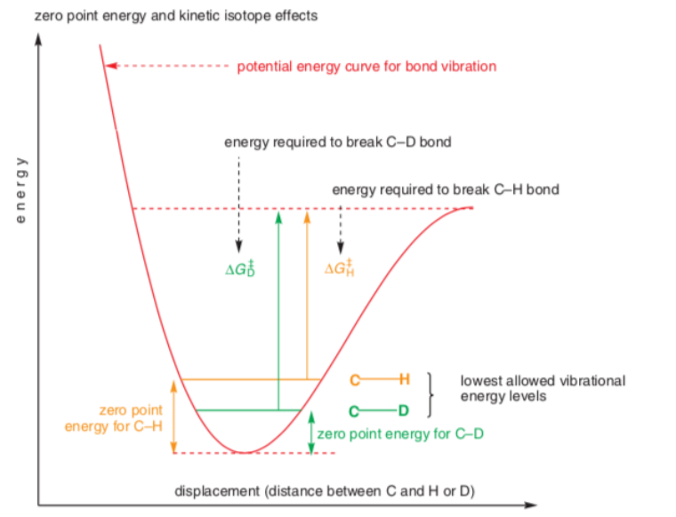 <p>a) the zero point energy is lower for heavier isotopes therefore there is a greater ΔG for bond breaking, making the reaction slower</p><p>b) bond to the isotopically substituted atom must be broken in the rate determining step</p>
