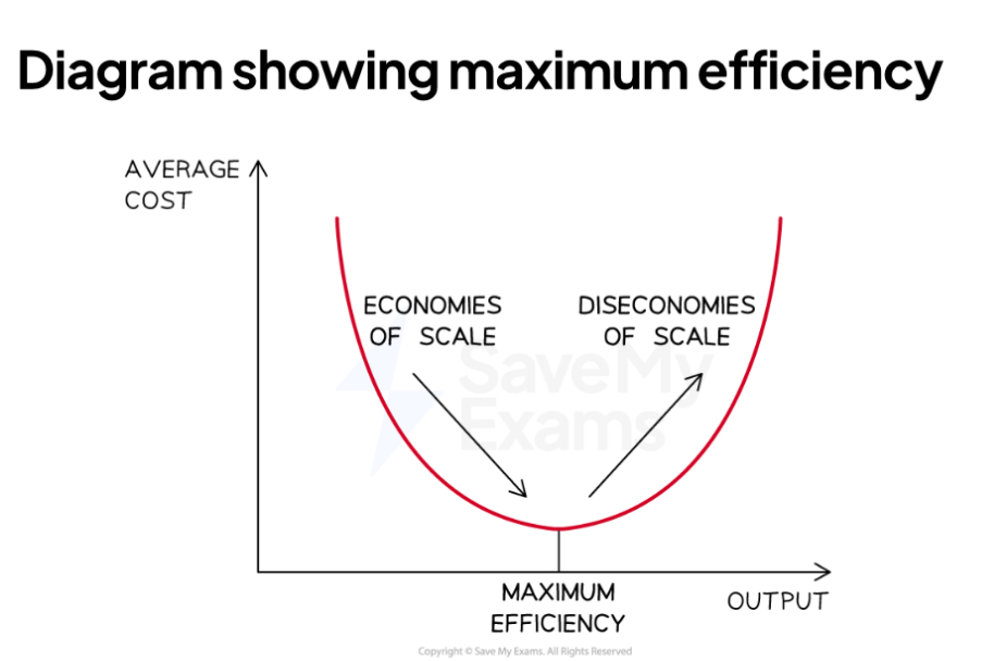 <ul><li><p>The most efficient level of production is achieved when:</p><ul><li><p>Economies of scale are maximised</p></li><li><p>Total costs are spread across an optimum level of output</p></li><li><p>Diseconomies of scale are minimised</p></li></ul></li></ul><p></p>
