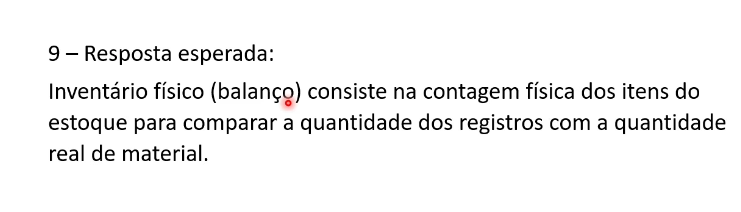 <p>O <strong>inventário físico</strong> é a contagem real dos itens em estoque para verificar se as quantidades físicas correspondem aos registros do sistema. </p><p>Sua finalidade é garantir controle, confiabilidade, redução de perdas e melhor tomada de decisão.</p><p></p>