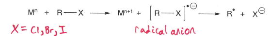 <p>A metal reduces the R-X compound into a radical anion, which fragments.</p><ul><li><p>A low standard electrode potential is required.</p></li></ul><p></p>