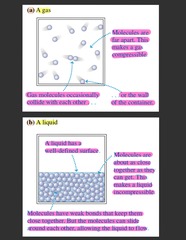 <p>A fluid is a substance that can flow.</p><p>Liquids and gases are fluids as both substances can flow.</p><p>A gas: molecules are far apart. This makes a gas compressible. Gas molecules occasionally collide with each other, or the wall of the container.</p><p>A liquid: has a well-defined surface. Molecules are about as close together as they can get. This makes a liquid incompressible. Molecules have weak bonds that keep them close together. But molecules can slide around each other, allowing the liquid to flow.</p>