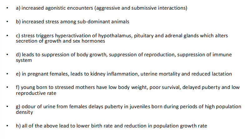 <p>general mechanisms of birth rate reduction and population regulation at high population densities:</p>