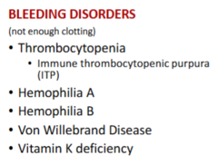 <p>1. thrombocytopenia</p><p>2. Hemophilia A</p><p>3. Hemophilia B</p><p>4. Von Willebrand Disease</p><p>5. Vitamin K deficiency</p><p>***too little clotting**</p>
