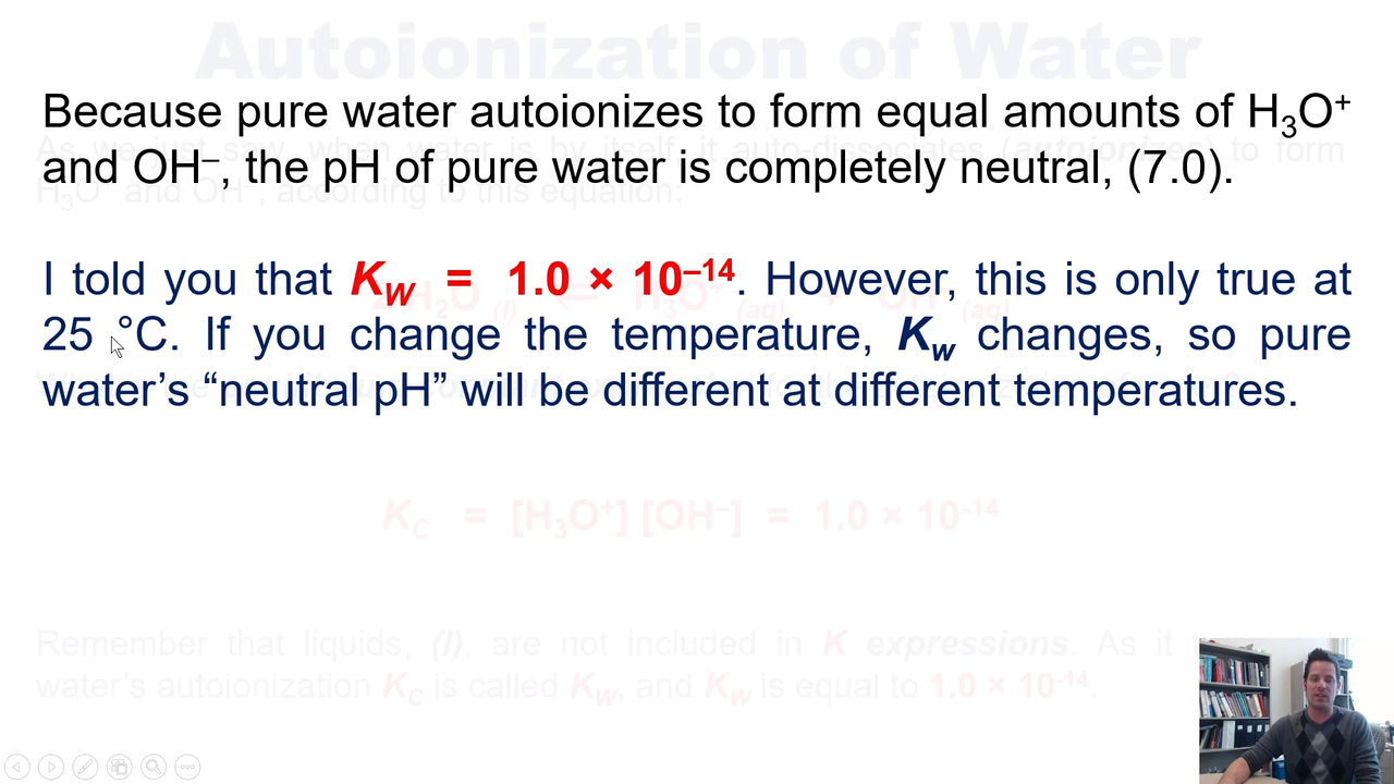 <p>pure water’s neutral ph due to the fact that pure water autoionizes to form equal amounts of H3O+ and OH-</p>
