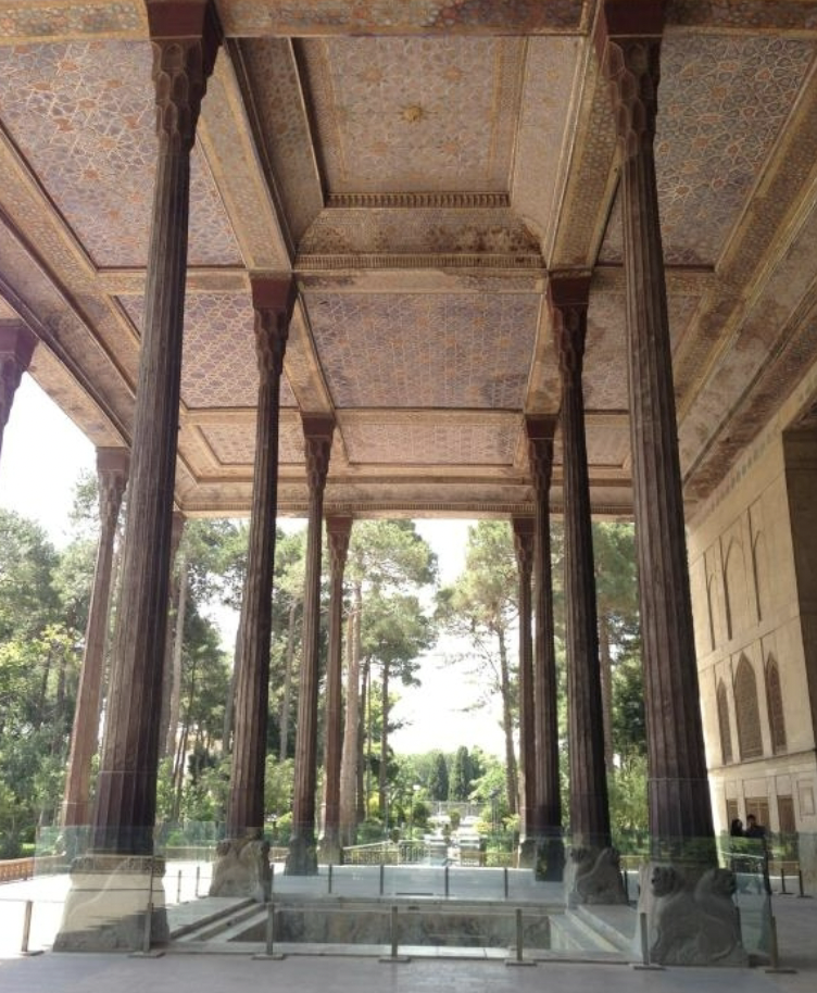 <p>Chihil Sutun Pavilion and Garden, 17th century, Isfahan, Safavid</p><ul><li><p>pavillion in the middle of a garden</p></li><li><p>talar porch</p></li><li><p>re use of timurid name, shows self consciousness of past</p></li><li><p>talar porch helps blur distinction between indoors and outdoors, focus on looking outward</p></li><li><p>in laid mirrors reflect garden, helps the building and garden melt together</p></li><li><p>large pool in front of pavillion</p></li><li><p>Hall of Murals</p></li></ul><img src="https://assets.knowt.com/user-attachments/4b74b0d1-4eb6-45f7-af18-78e53303c3a9.png" data-width="50%" data-align="center"><img src="https://assets.knowt.com/user-attachments/ca9ccd28-d9e1-468f-8494-8063a0a94449.png" data-width="75%" data-align="center"><img src="https://assets.knowt.com/user-attachments/239f2f27-bddf-4e3e-bce9-0f8af84c097a.png" data-width="75%" data-align="center"><img src="https://assets.knowt.com/user-attachments/8c619bd5-a2e4-4401-b17a-c895c6ab4979.png" data-width="100%" data-align="center"><p></p>