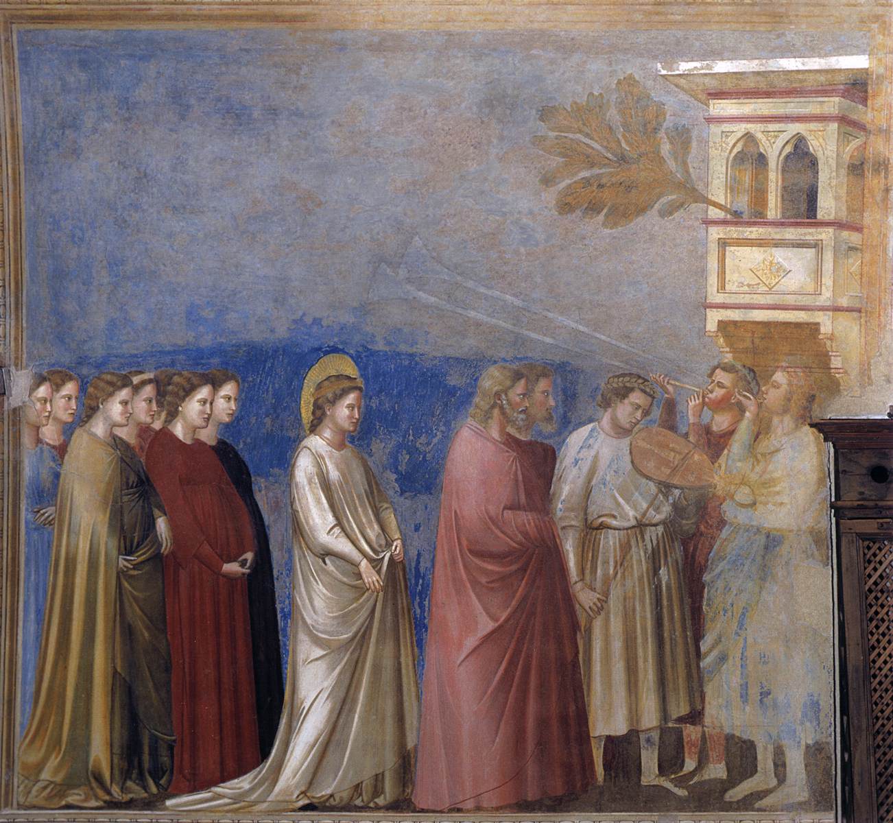 <ul><li><p>Depicts the namesake saint walking in front of her companions and is led to the house of her parents, where she is received by musicians</p></li></ul><p></p>