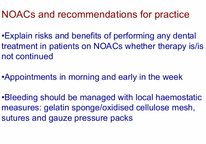 <ul><li><p>Risks and benefits</p></li><li><p>Morning and early in the week</p></li><li><p>Oxidised cellulose, sutures, gauze pressure packs</p></li></ul><p></p>