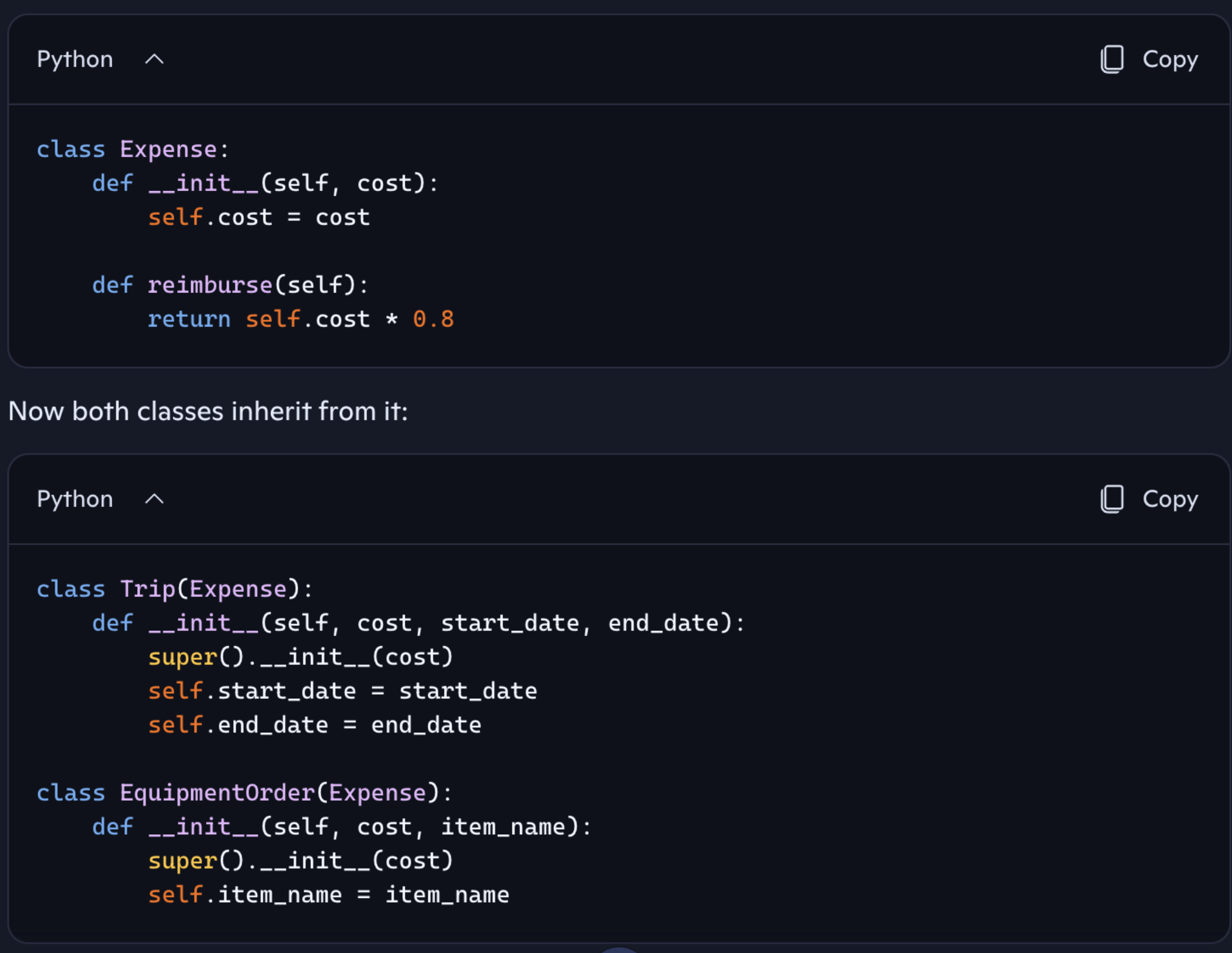 <p><strong>Why did we create an </strong><code>Expense</code><strong> parent class when refactoring </strong><code>Trip</code><strong> and </strong><code>EquipmentOrder</code><strong>?</strong></p>