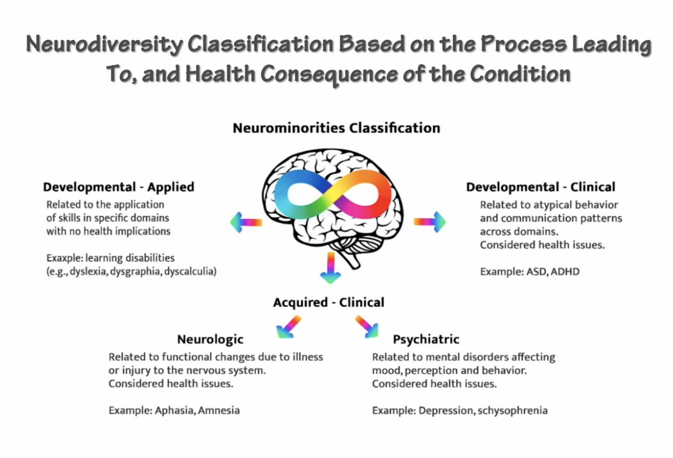 <p>NEUROMINORITY CLASSFICATION is based on process leading to, and health consequences of a condition:</p><ul><li><p><strong>DEVELOPMENTAL/APPLIED</strong> relates to the <u>application of a skill in specific domains with no health implications</u> (learning disabilities)</p></li><li><p><strong>DEVELOPMENTAL/CLINICAL</strong> relates to <u>atypical behaviour in communication patterns across domains, considered health issues </u>(ASD, ADHD)</p></li><li><p><strong>ACQUIRED NEUROLOGIC</strong> relates to f<u>unctional changes due to illness or injury to the nervous system, considered a health issue</u> (Aphasia, Amnesia, TBI)</p></li><li><p><strong>CLINICAL PSYCHIATRIC</strong> relates to <u>mental disorders affecting mood, perception, and behaviour, considered health issues </u>(Depression, Schizophrenia)</p></li></ul><p></p><p>High comorbidity exists between all 4 categories</p><p></p>