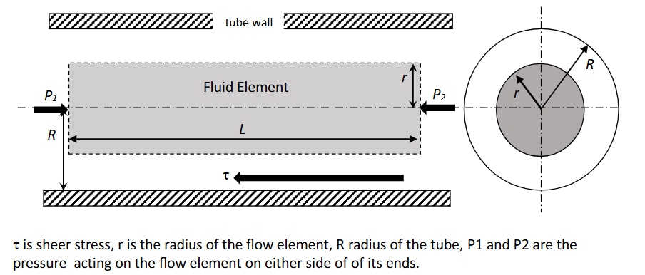 <ol><li><p>Fluid is homogenous </p></li><li><p>Fluid is Newtonian (viscosity is constant)</p></li><li><p>Steady flow </p></li><li><p>Constant diameter along the rigid wall</p></li></ol><p></p>