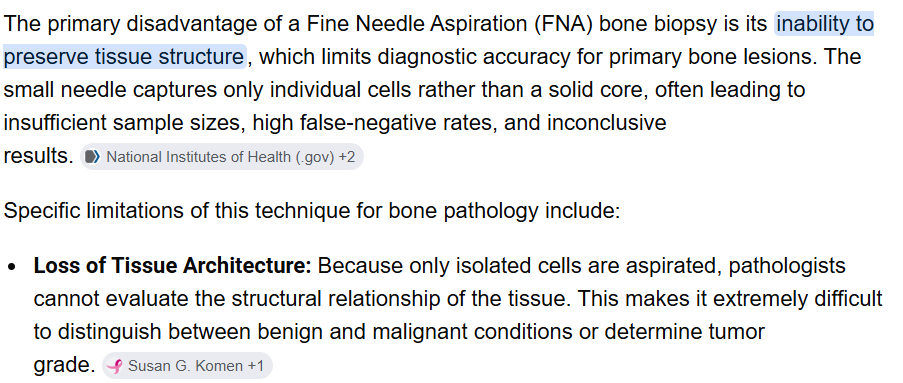 <p>D The histological architecture of the bone might not be preserved.</p><div data-type="horizontalRule"><hr></div><p>During FNA through the bone, the architecture may not be preserved, which is important in malignancy classification per histological type. You don’t see the trabeculae and haversian canals etc. </p><p><br></p>