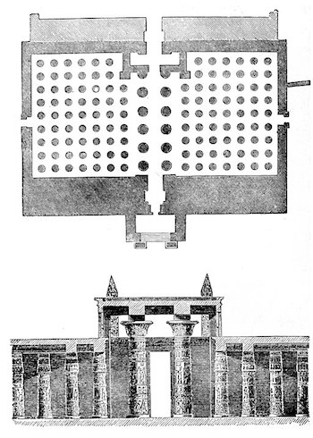 <p>A hall that has a roof supported by a dense thicket of columns</p>