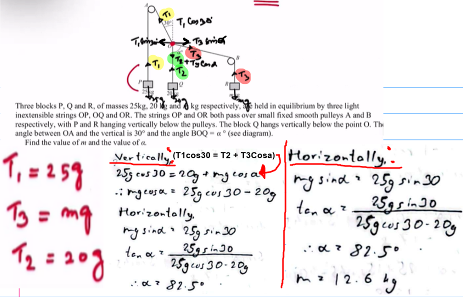 <p>when in equilibrium, T - mg = 0,  =>  <strong><u><mark data-color="yellow" style="background-color: yellow; color: inherit;">T = mg</mark></u></strong><br><br></p>