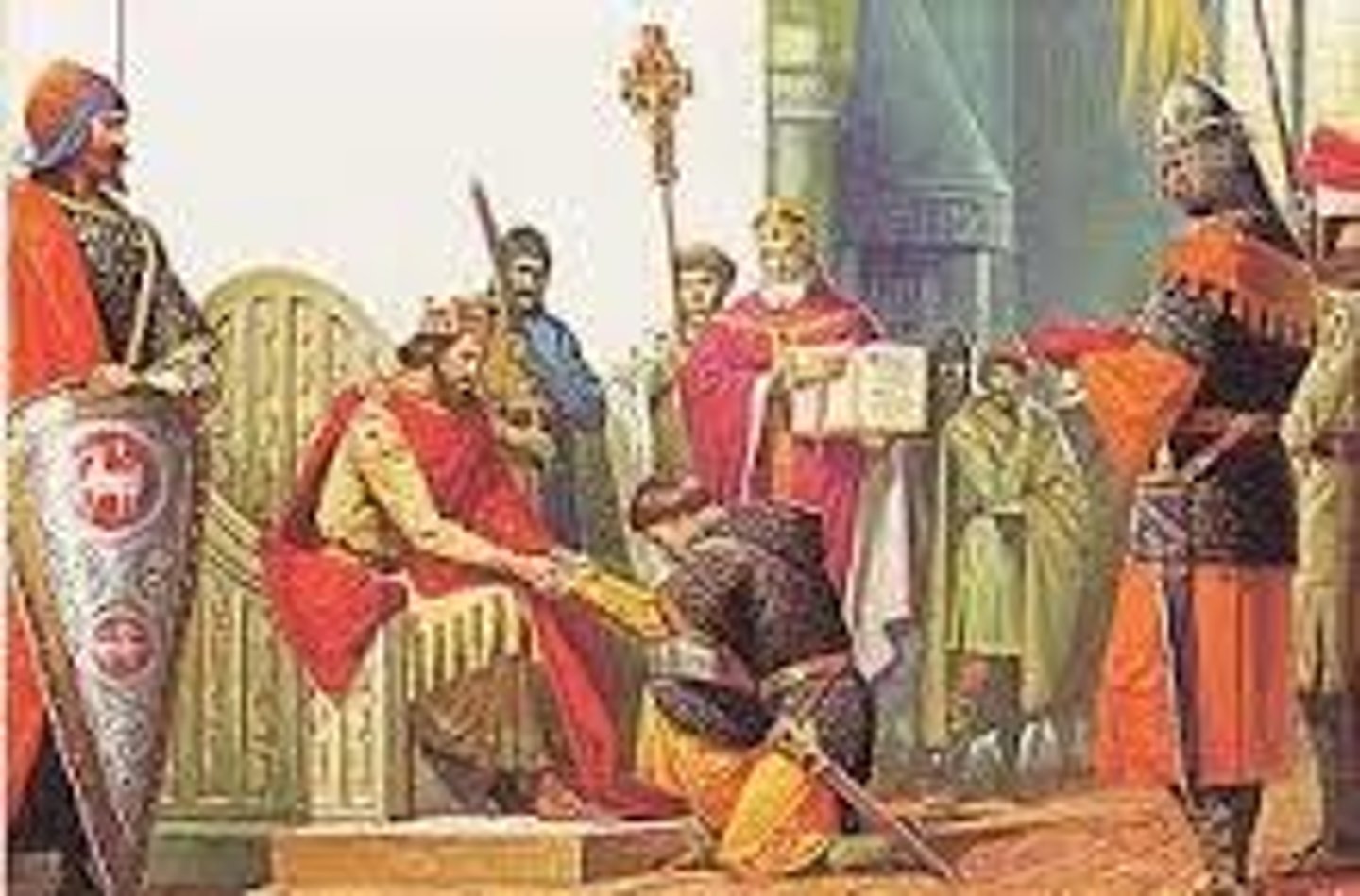 <p>a person who received a grant from a lord in exchange for a pledge of loyalty and services, right under kings in feudal pyramid (wealthy landowners such as nobles and bishops)</p>