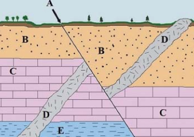 <p><span>In the figure below, B, C and E are </span><strong>rock layers</strong><span>, D is an igneous </span><strong>intrusion</strong><span> (a dike), and A is a </span><strong>fault</strong><span>. Based on your understanding of the stratigraphic principles, which of the following options is correct?</span></p>