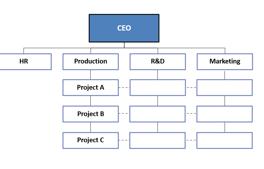 <ul><li><p>People grouped by Function and Product (Work in Marketing Function and Product A)</p></li><li><p>Pro’s: Flexible Structure, Efficient Resource Use, Responds well to change</p></li><li><p>Cons: Complex Working Relationships (Two Bosses), Tough/Expensive Coordination</p></li></ul><p></p>