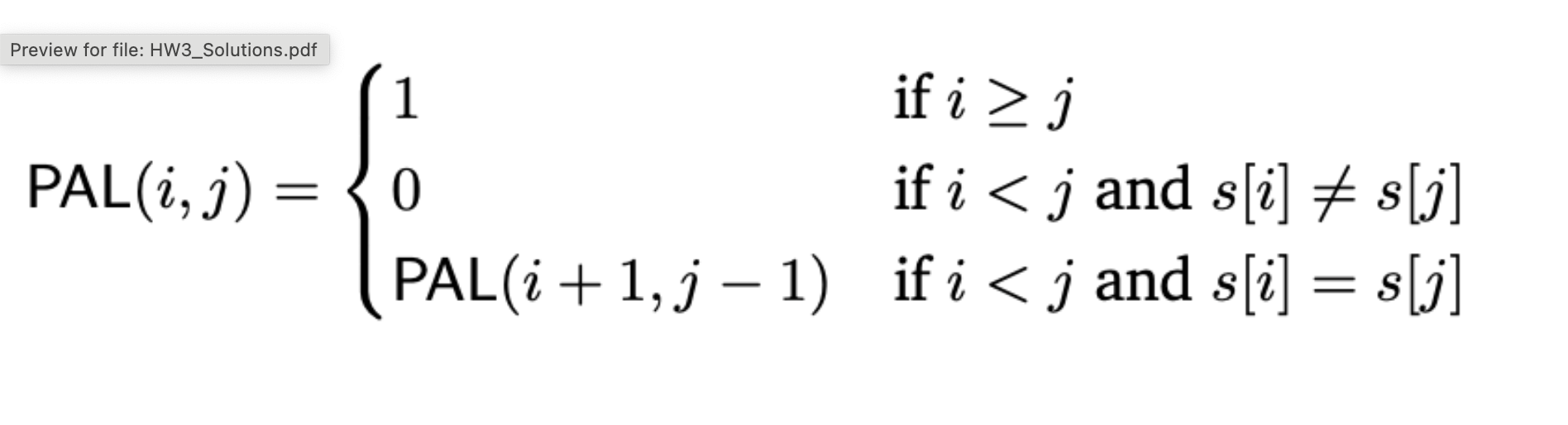 <p><strong>Algorithm (Two-Step DP)</strong></p><ol><li><p><strong>Precompute Palindromes:</strong> Create a table <span>P</span>AL[i][<span>j</span>]. For all possible substrings, check if the first and last characters match and if the inner substring is already a palindrome (<span>P</span>AL[i+1][<span>j</span>−1]).</p><p>+2</p><p></p></li><li><p></p><p><strong>Initialize DP:</strong> Create an array <span>DP</span>[i] where <span>DP</span>[i] is the minimum cuts for string s[1:i].</p><p>+1</p><p></p></li><li><p></p><p><strong>Minimize Cuts:</strong> For each position i in the string, iterate through all previous positions <span>k</span>.</p><p>+1</p><p></p></li><li><p></p><p><strong>Update:</strong> If s[<span>k</span>:i] is a palindrome (checked via <span>P</span>AL[<span>k</span>][i]), update <span>DP</span>[i] to be the minimum of its current value or 1+<span>DP</span>[<span>k</span>−1].</p><p>+1</p><p></p></li><li><p></p><p><strong>Result:</strong> <span>DP</span>[n] is the minimum number of palindromes.</p></li></ol><p><br><strong>Time Complexity</strong></p><ul><li><p></p><p><span><strong>O</strong></span><strong>(n</strong><span><strong>2</strong></span><strong>)</strong>: Both precomputing the <span>P</span>AL table and filling the <span>DP</span> array require nested loops of size n, totaling <span>O</span>(n<span>2</span>)+<span>O</span>(n<span>2</span>)=<span>O</span>(n<span>2</span>).</p></li></ul><p></p>