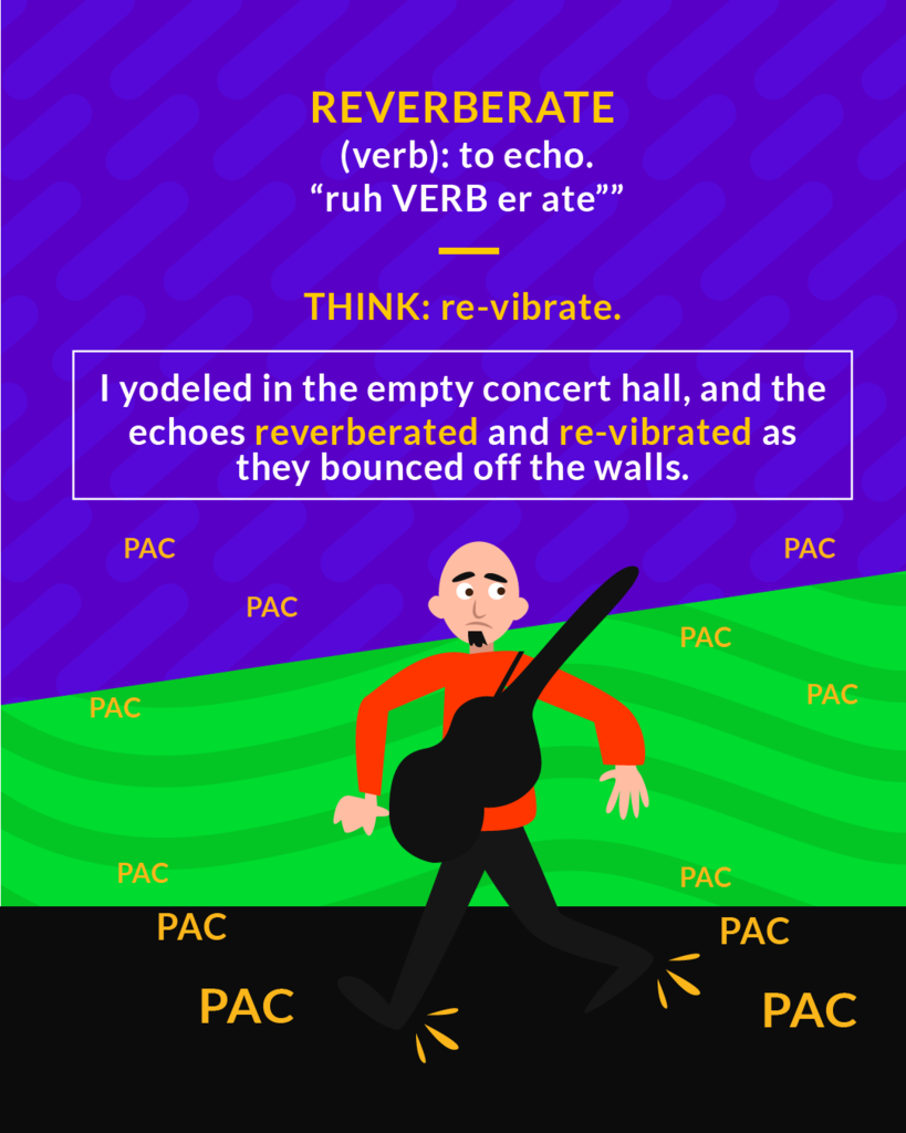 <p>(v.) to re-echo, resound; to reflect or be reflected repeatedly</p><p>(verb) to echo</p>