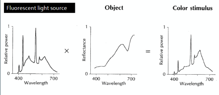 <p>light source x Object Diffuse Spectral Reflectance = color stimulus (aka spectral power distribution)</p>