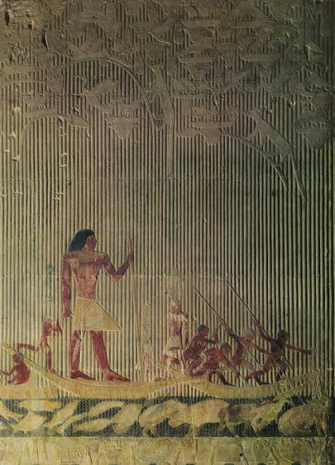 Egypt - Ti Watching a Hippopotamus Hunt. c. 2450 - 2335 BCE. Ti was a government official, and this painting was done in his funerary mastaba. Paintings like these often presented the