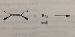 <p>rxn: <span>bromine (red) in dichloromethane decolorizes as br2 reacts with double bond to form</span></p>