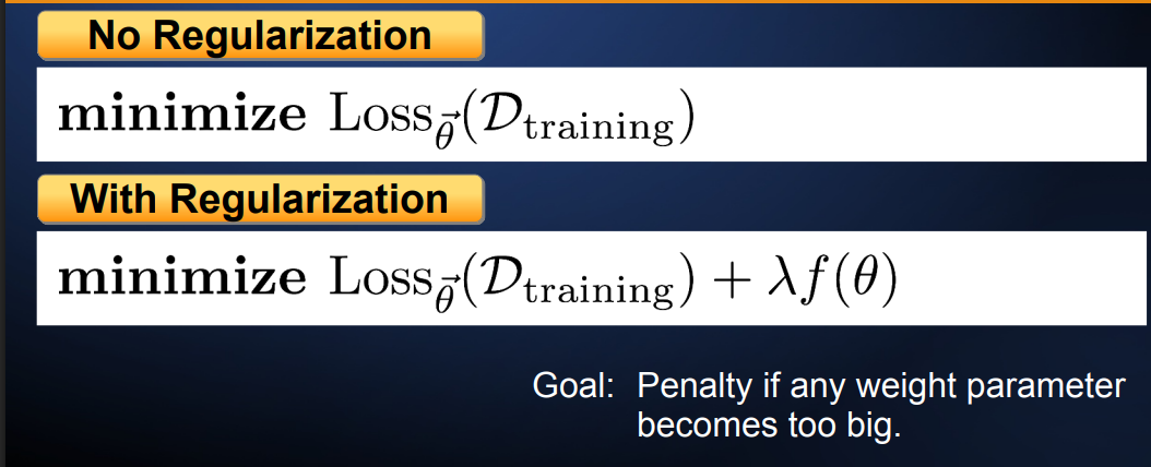 <p>Effect of Regularization: Decrease weights so the model does not pay too much attention to any particular feature.</p><p>Note: Bias terms such as are normally excluded, as they are not multiplicative weights</p>