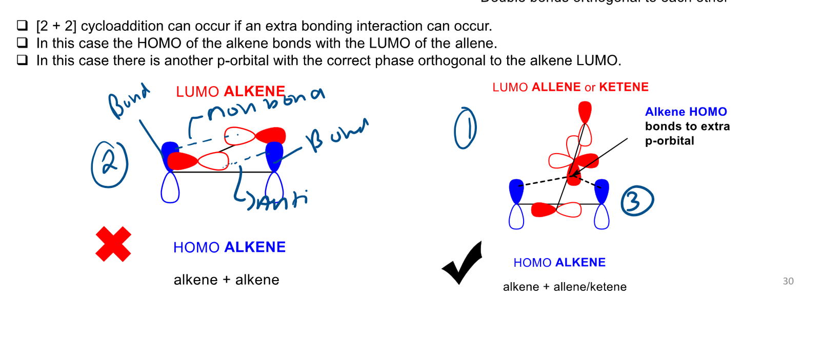 <p>allene the double bond is orthogoonal to each other, so middle carbon is sp hybridised, there becomes two independant pi systems. but theres also another p orbital in allenes</p>