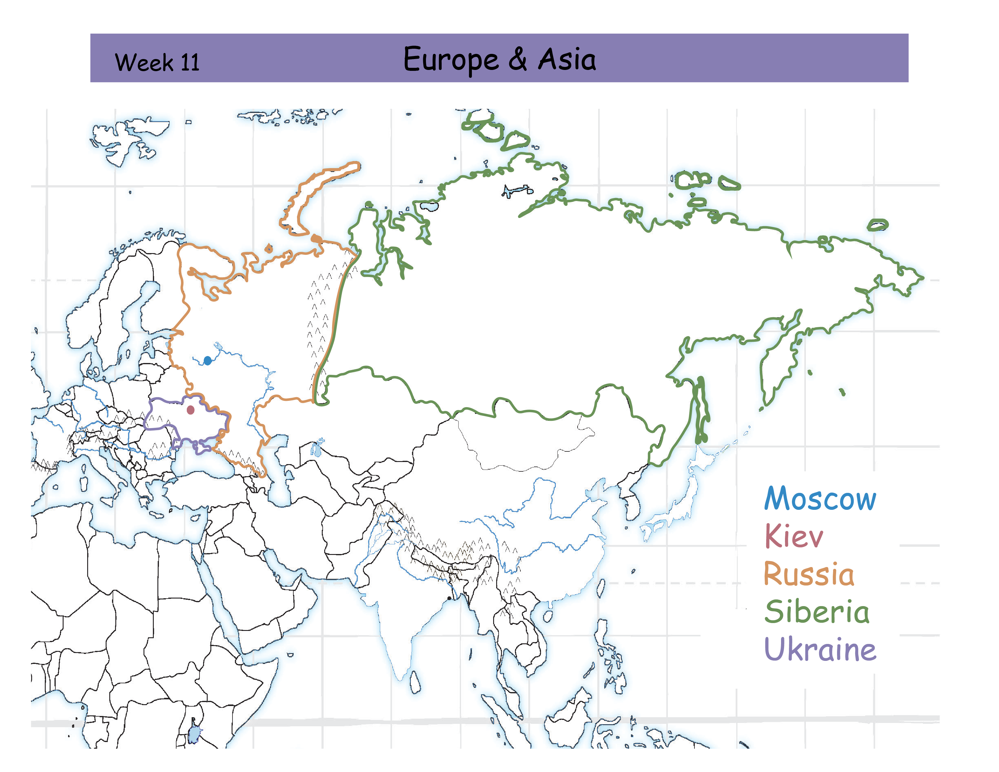 <p><mark data-color="blue" style="background-color: blue; color: inherit;">Moscow</mark></p><p><mark data-color="red" style="background-color: red; color: inherit;">Kiev</mark></p><p><mark data-color="#f89831" style="background-color: rgb(248, 152, 49); color: inherit;">Russia</mark></p><p><mark data-color="green" style="background-color: green; color: inherit;">Siberia</mark></p><p><mark data-color="purple" style="background-color: purple; color: inherit;">Ukraine</mark></p>